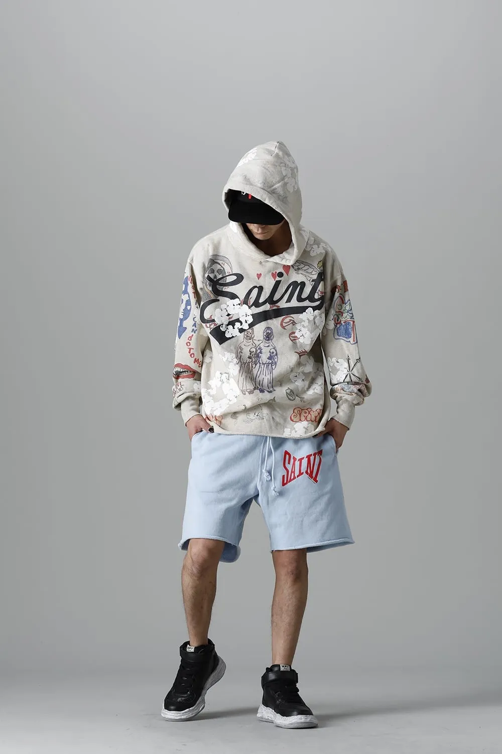 DENIM TEARS × ©SAINT M×××××× "SAINT TEARS" Graffiti Hoodie Joint Model Cotton Graffiti Hoodie Fully Printed Washed Distressed Holes Vintage Sweatshirt Gray S-XL Super Heavy Duty! The whole piece is printed with 35 screens and counterpoint printing!
